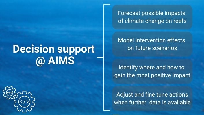 A text based image with blue water in the background. the text restates the dot points of the told being developed by AIMS' decision support team.