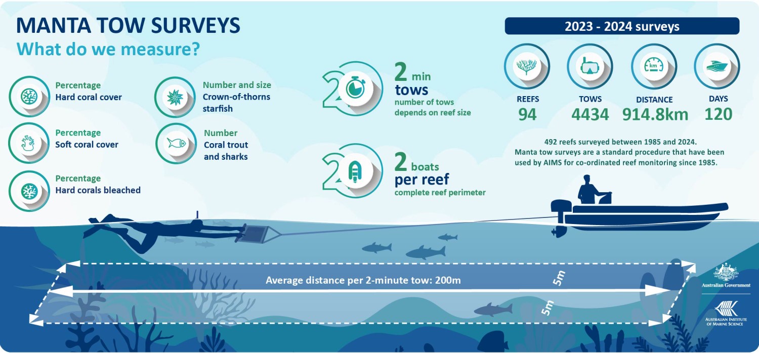 a infographic showing the team surveyed 94 reefs, did 434 tows travelled a distance of 914.8km on manta tow and spent 120 days at sea.