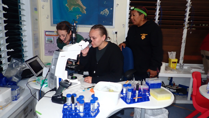 Three people in a classroom. one is looking through a microscope, the others are watching a screen to the side. there are other science equipment on the table.