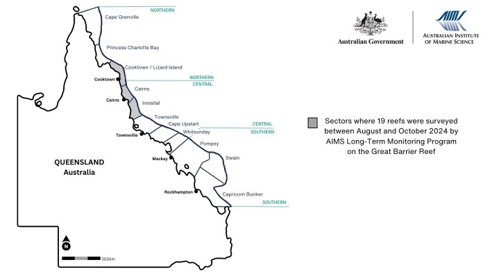 a map of Qld with the Great Barrier Reef off the coast and lines indicating the sectors and regions. The Cooktown/Lizard, Cairns and innisfail areas are shaded.