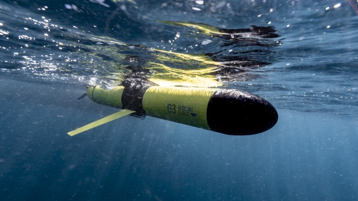 a long yellow and black round-ended cylinder with short 'fins' is just under the surface of the ocean