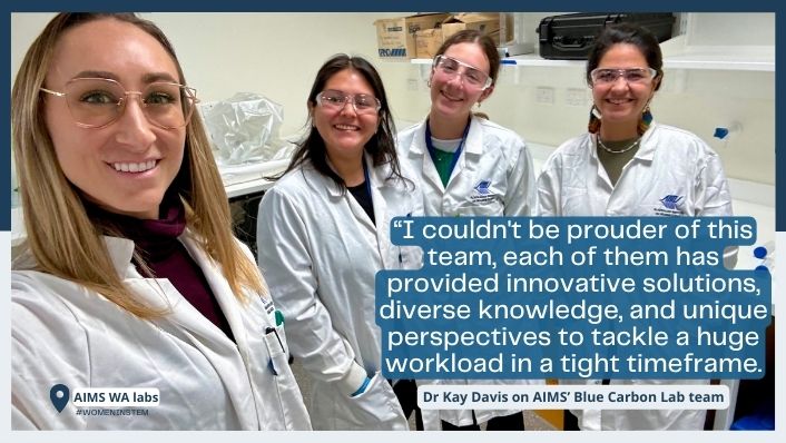 four women in a selfie photos in a lab with the quote 