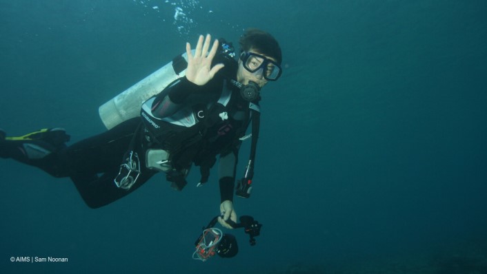 A woman underwater in SCUBA gear, waving at the camera