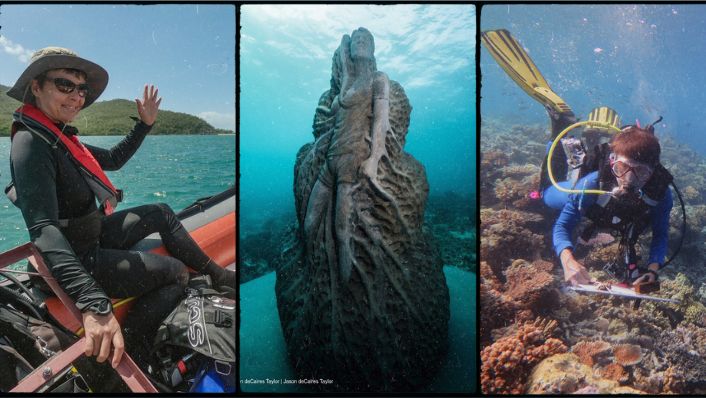 three photos Left to right. A woman on a small inflatelable vessel waves at the camera. Second, a statue underwater of a woman. third a woman on a coral reef diving.