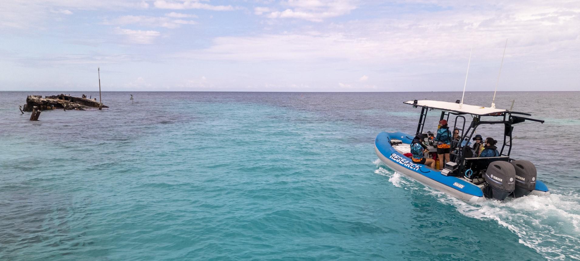 a small blue boat with people on board heads out of a small harbour. A wreck sits in shallow water to the left.